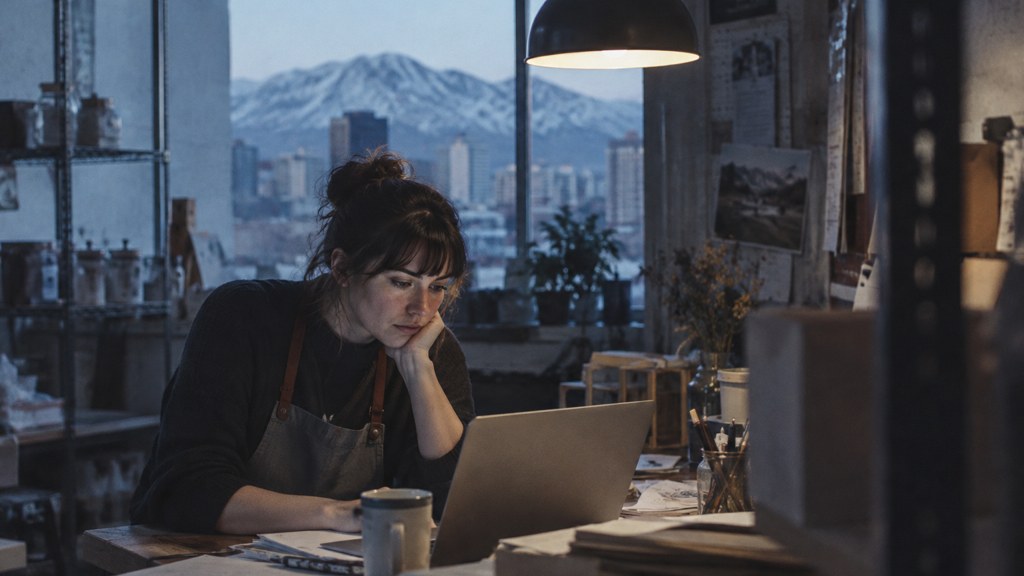A small-business owner in an apron leaning over a laptop on a cluttered back-office desk late in the day, photographed in Reno