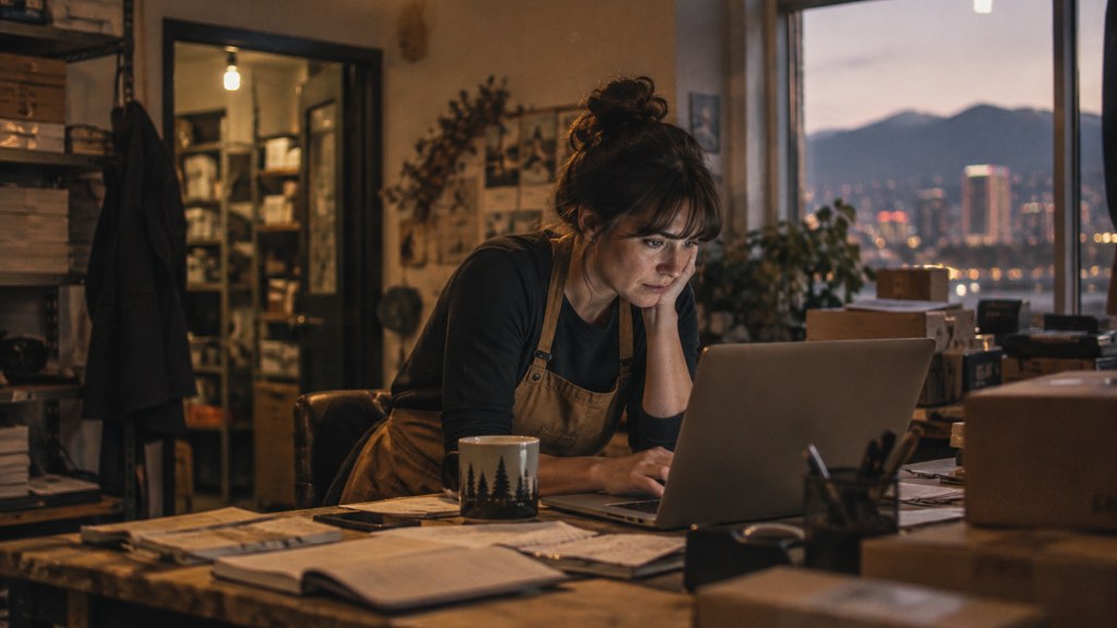 A small-business owner in an apron leaning over a laptop on a cluttered back-office desk late in the day, photographed in Reno