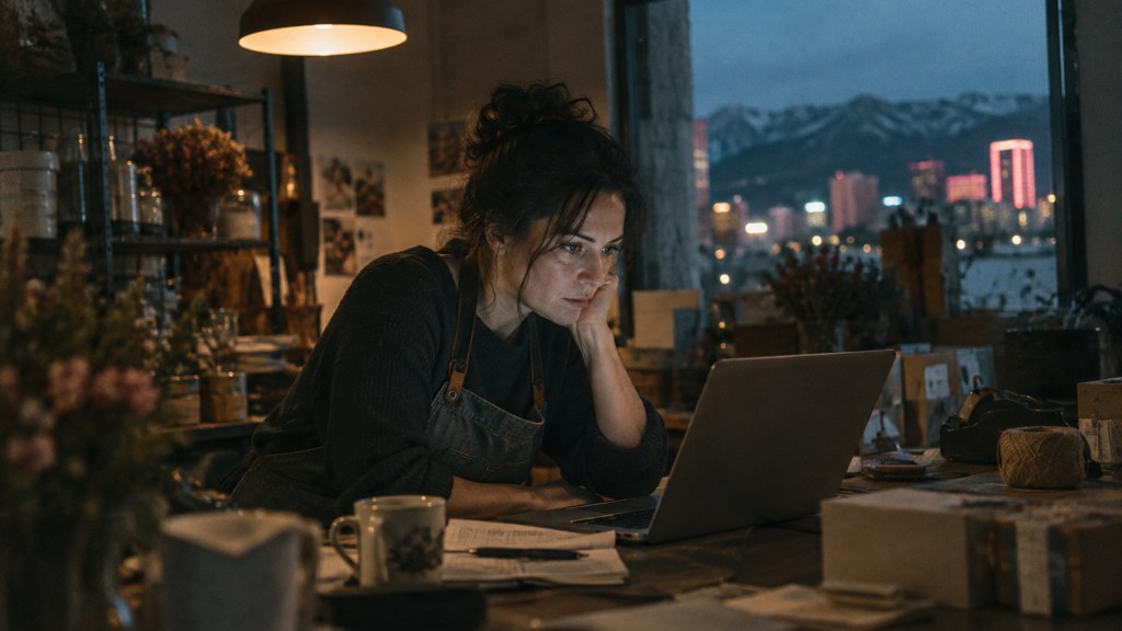 A small-business owner in an apron leaning over a laptop on a cluttered back-office desk late in the day, photographed in Reno