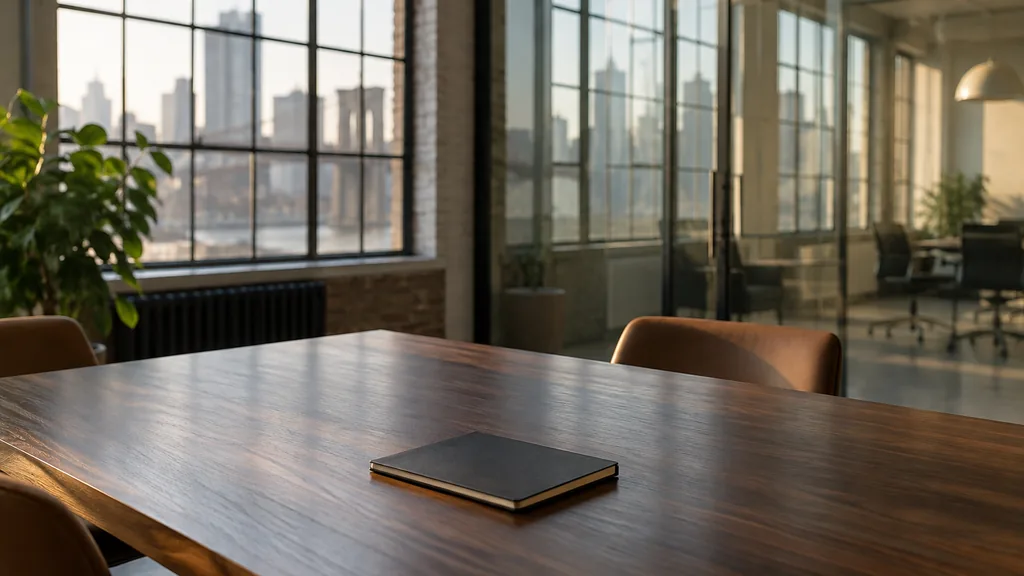 An empty workspace on a New York loft office table of dark walnut with an empty glass planning wall and one plain notebook in warm morning light
