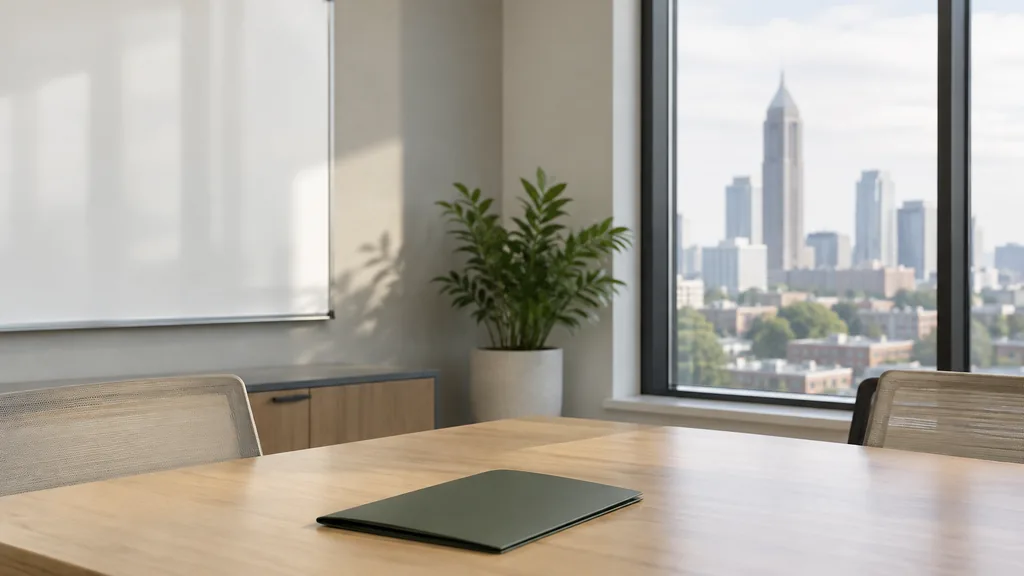 An empty workspace on an Atlanta office table of pale oak with a blank whiteboard and one closed folder in soft filtered light