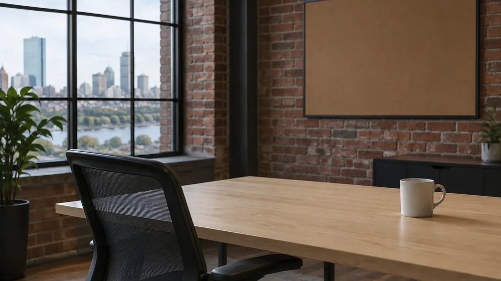 An empty workspace on a Boston brick-walled office table of maple with an empty pinboard and one plain mug in cool window light