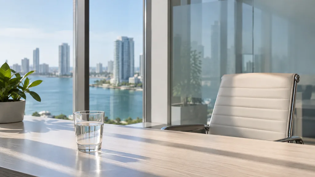 An empty workspace on a Miami office table of light ash with a blank glass wall and a plain water glass in bright coastal light