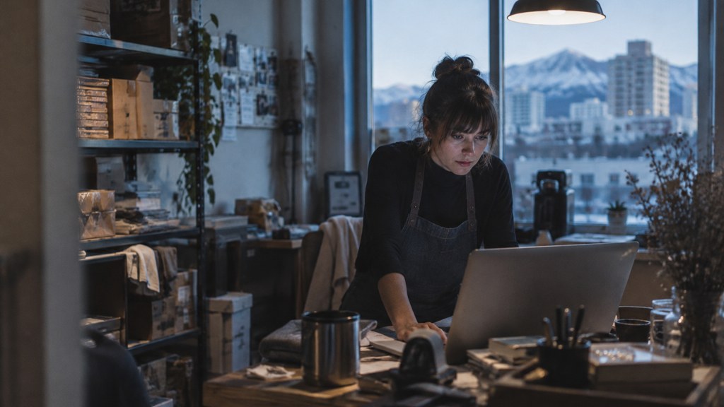 A small-business owner in an apron leaning over a laptop on a cluttered back-office desk late in the day, photographed in Reno