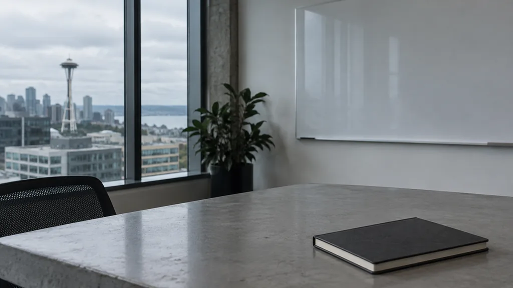 An empty workspace on a Seattle office table of grey concrete with an empty whiteboard and one closed notebook in cool overcast light