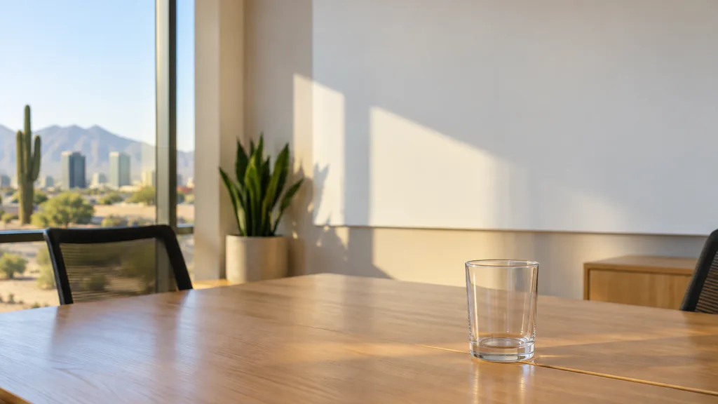 An empty workspace on a Phoenix office table of light wood with a blank planning wall and a plain glass in warm dry afternoon light