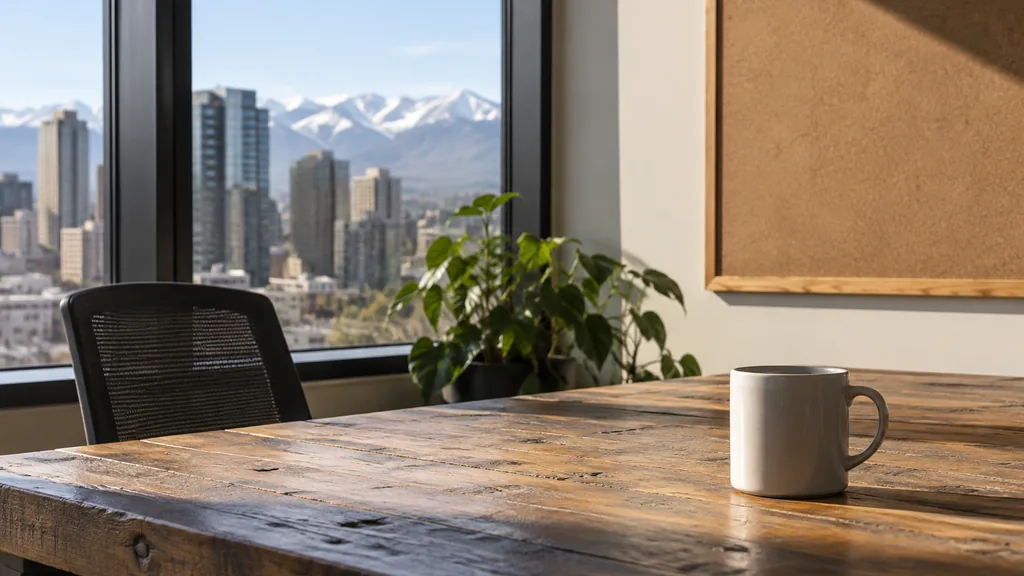 An empty workspace on a Denver office table of reclaimed wood with an empty pinboard and one plain mug in clear high-altitude light