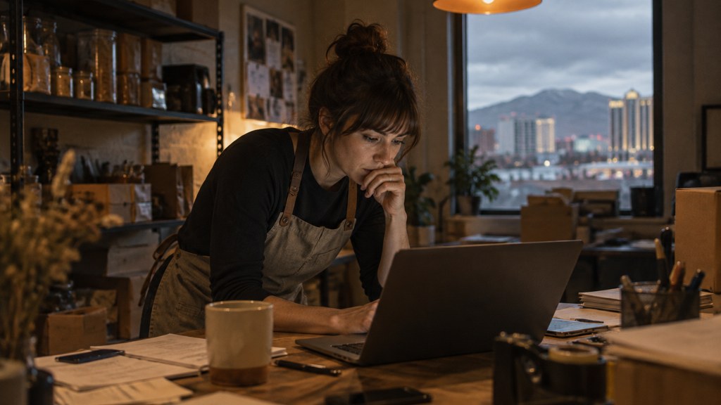 A small-business owner in an apron leaning over a laptop on a cluttered back-office desk late in the day, photographed in Reno