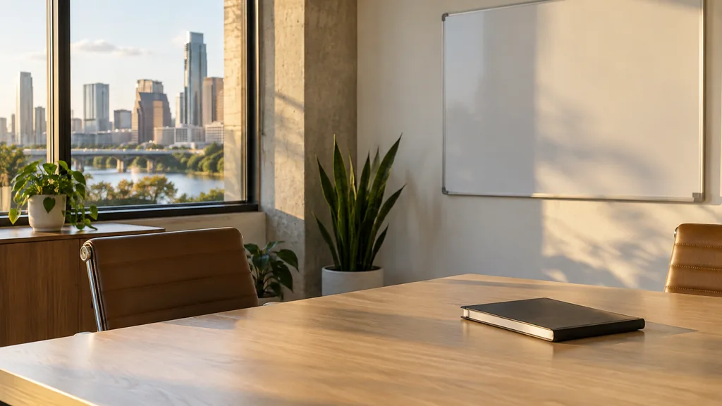 An empty workspace on an Austin office table of pale oak with a blank whiteboard and one closed notebook in warm late afternoon light