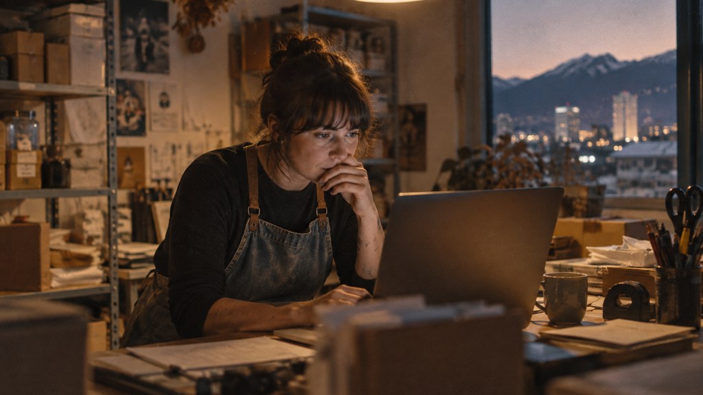 A small-business owner in an apron leaning over a laptop on a cluttered back-office desk late in the day, photographed in Reno