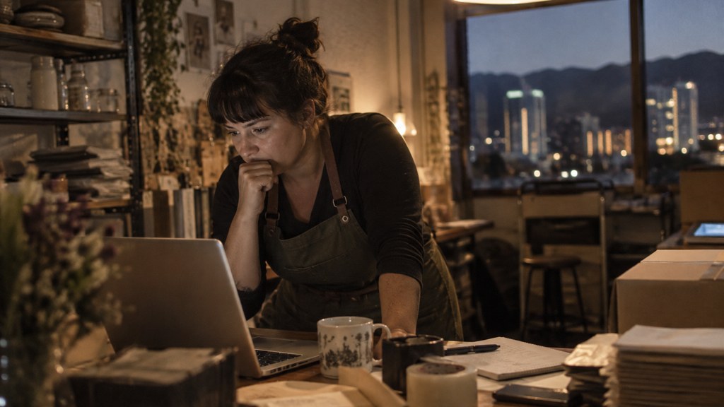 A small-business owner in an apron leaning over a laptop on a cluttered back-office desk late in the day, photographed in Reno