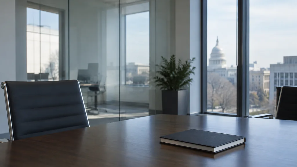 An empty workspace on a Washington DC office table of dark walnut with an empty glass planning wall and one plain notebook in warm morning light