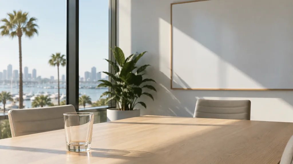 An empty workspace on a San Diego office table of light ash with a blank glass wall and a plain water glass in bright coastal light