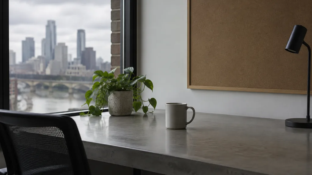 An empty workspace on a Minneapolis office table of grey concrete with an empty pinboard and one closed notebook in cool northern light