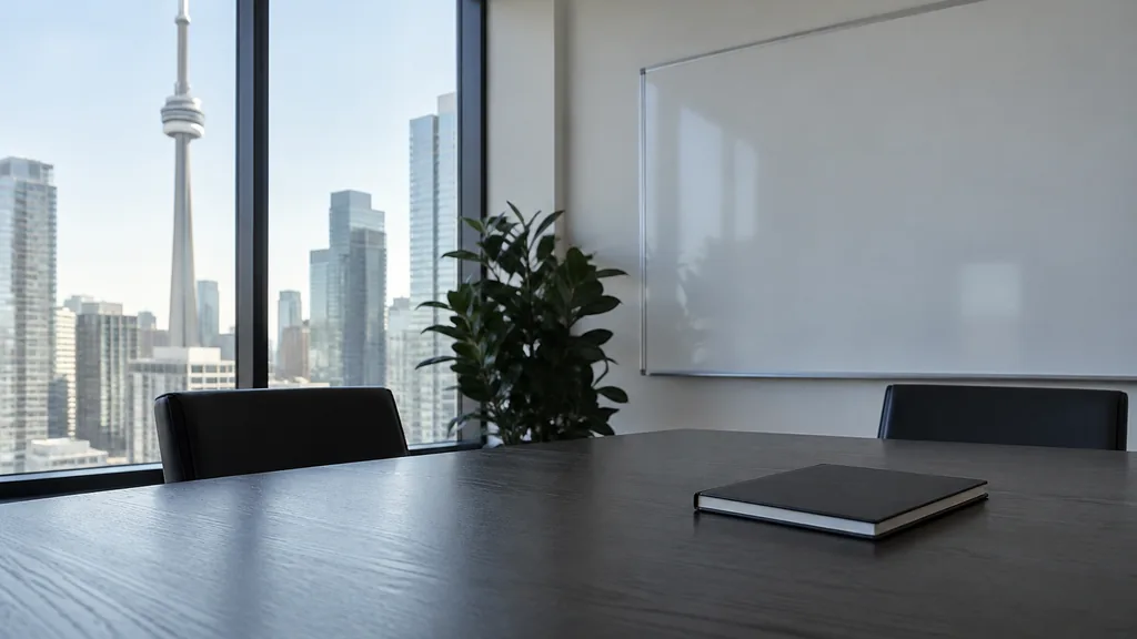 An empty workspace on a Toronto office table of reclaimed wood with an empty whiteboard and one plain mug in clear winter light