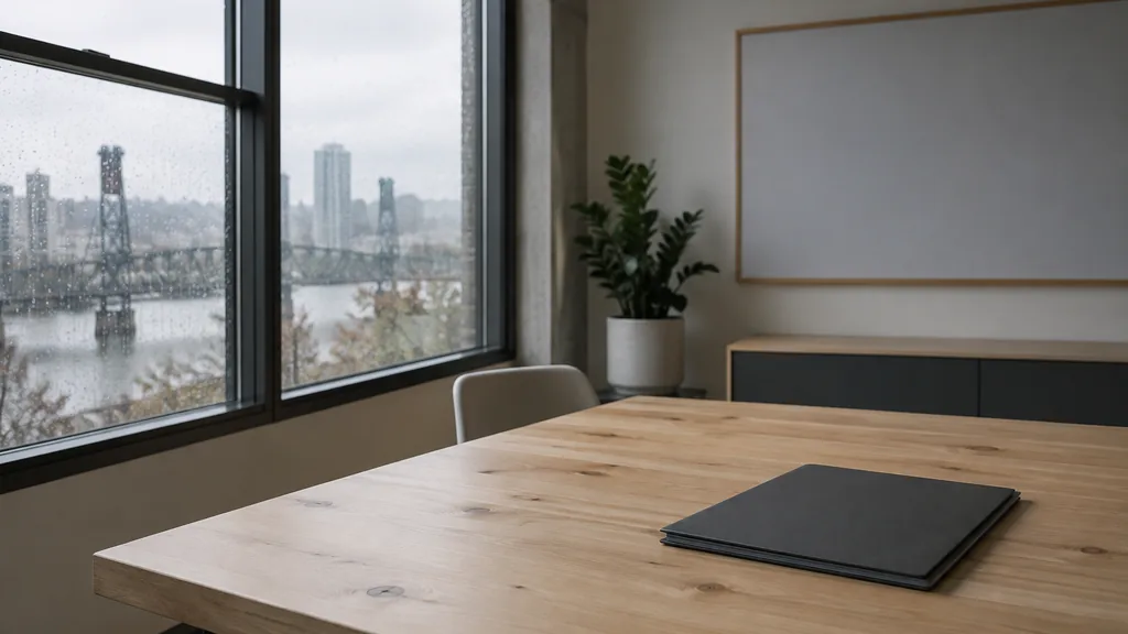 An empty workspace on a Portland office table of pale fir with an empty planning wall and a plain mug in soft rainy-day light