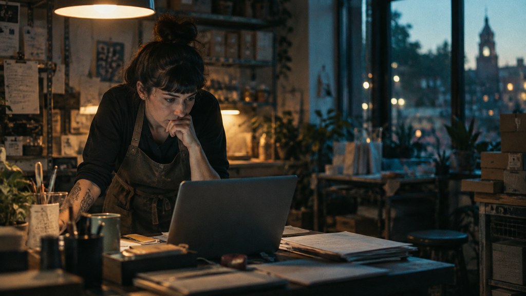 A small-business owner in an apron leaning over a laptop on a cluttered back-office desk late in the day, photographed in Richmond