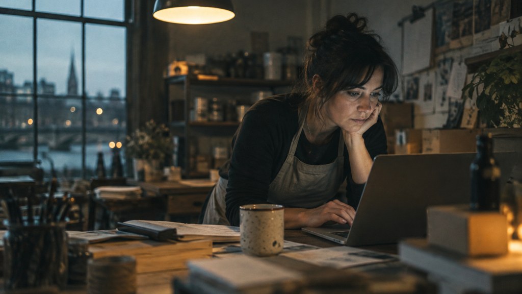 A small-business owner in an apron leaning over a laptop on a cluttered back-office desk late in the day, photographed in Richmond