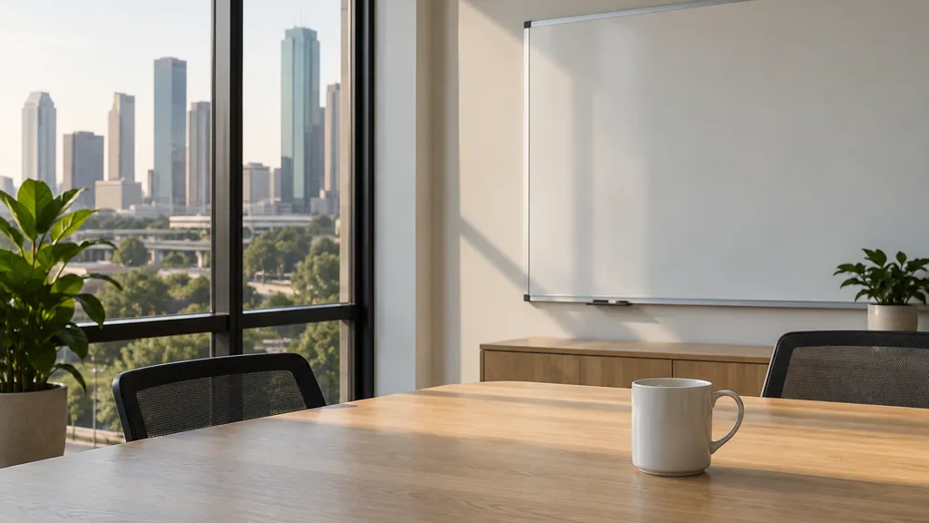 An empty workspace on a Houston office table of pale oak with a blank whiteboard and one closed folder in bright humid morning light