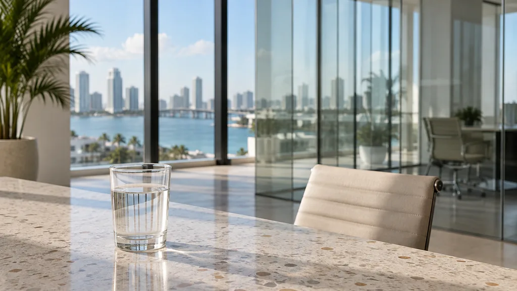 An empty workspace on a Miami office table of light ash with an empty glass wall and a plain water glass in bright coastal light