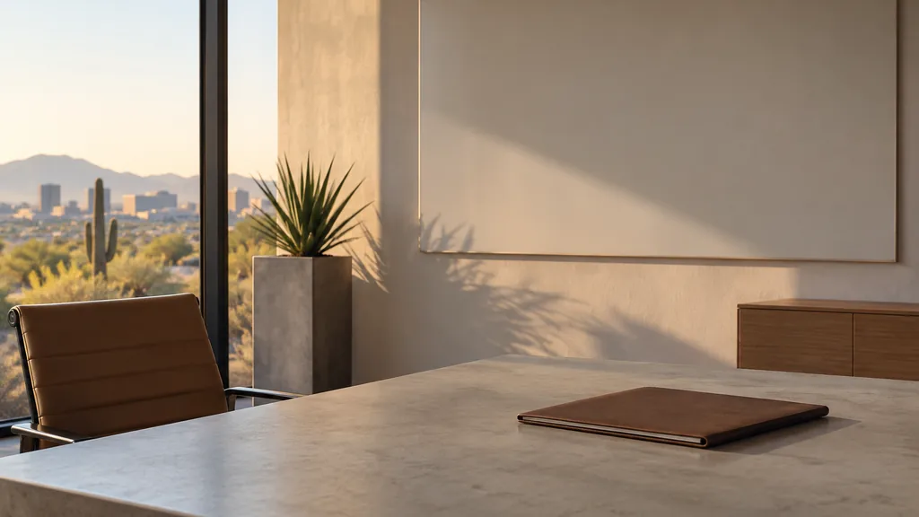An empty workspace on a Phoenix office table of light wood with a blank planning wall and one closed notebook in hard desert light