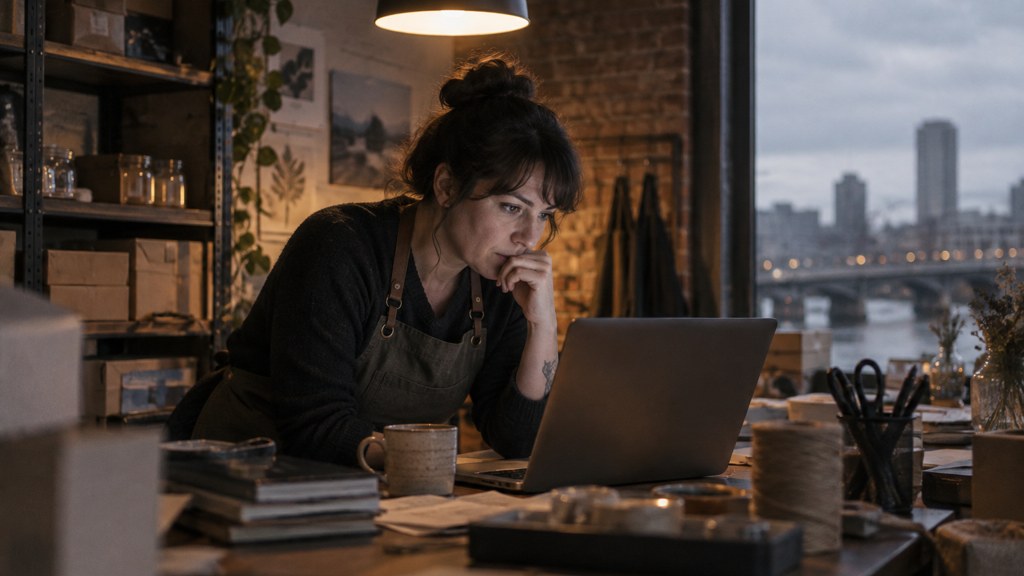 A small-business owner in an apron leaning over a laptop on a cluttered back-office desk late in the day, photographed in Richmond