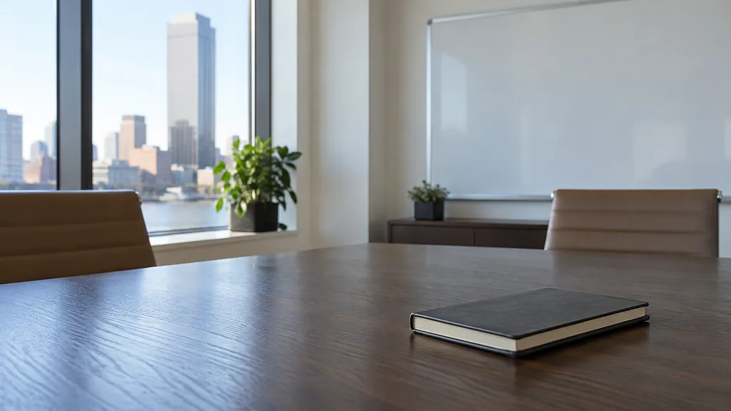 An empty workspace on a Boston office table of dark oak with an empty whiteboard and one plain mug in clear cold light
