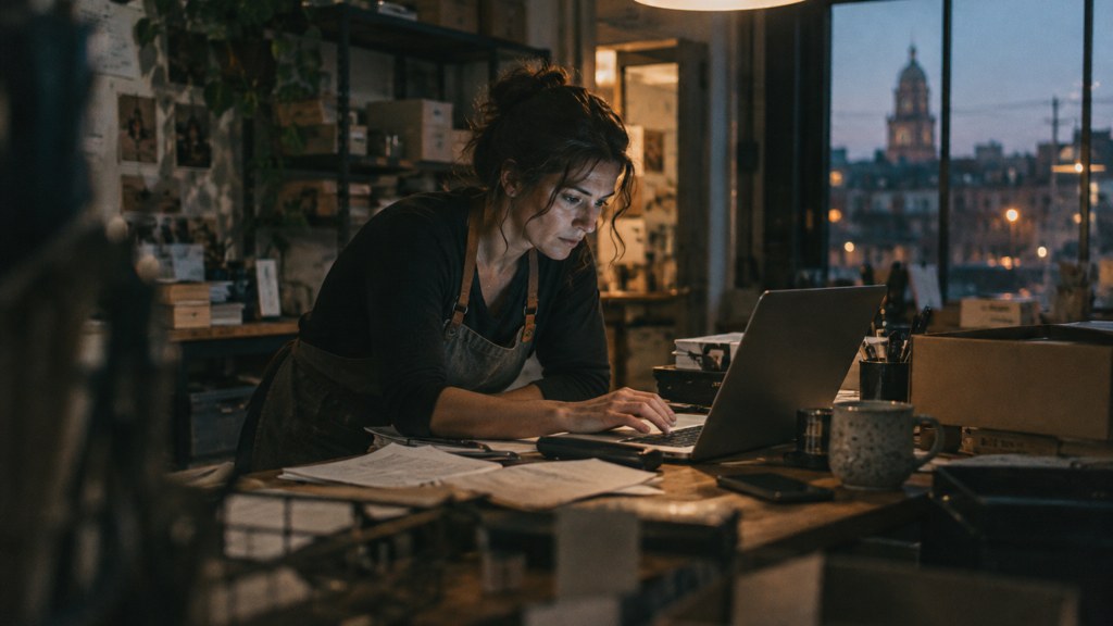 A small-business owner in an apron leaning over a laptop on a cluttered back-office desk late in the day, photographed in Richmond
