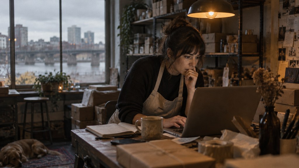 A small-business owner in an apron leaning over a laptop on a cluttered back-office desk late in the day, photographed in Richmond