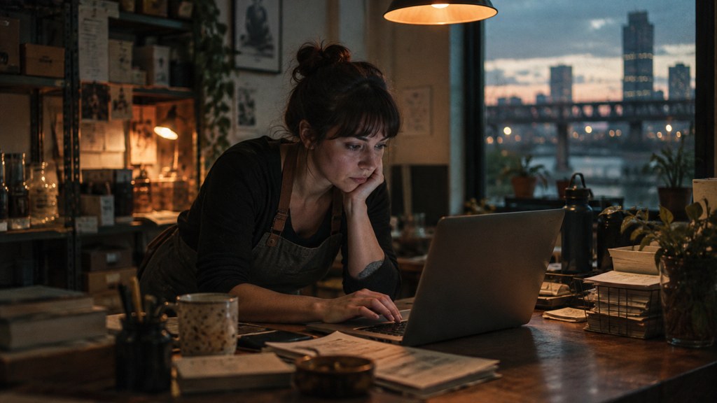 A small-business owner in an apron leaning over a laptop on a cluttered back-office desk late in the day, photographed in Richmond