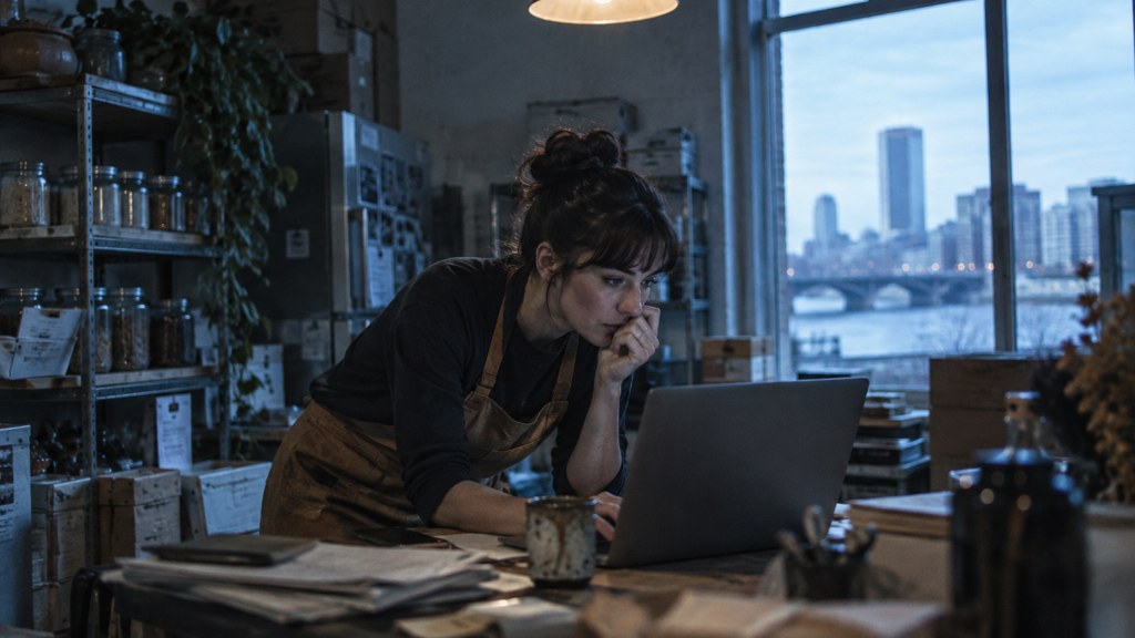 A small-business owner in an apron leaning over a laptop on a cluttered back-office desk late in the day, photographed in Richmond