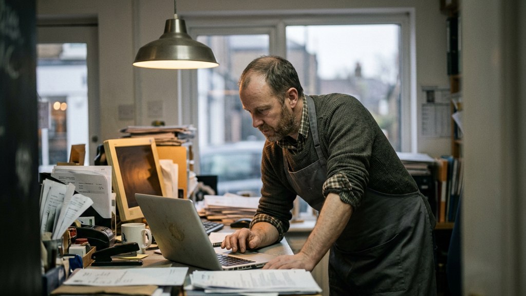 A small-business owner in an apron leaning over a laptop on a cluttered back-office desk late in the day, photographed in Richmond
