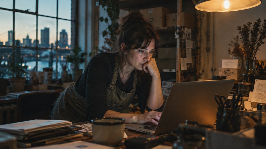 A small-business owner in an apron leaning over a laptop on a cluttered back-office desk late in the day, photographed in Richmond