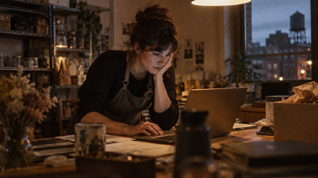 A small-business owner in an apron leaning over a laptop on a cluttered back-office desk late in the day, photographed in Richmond
