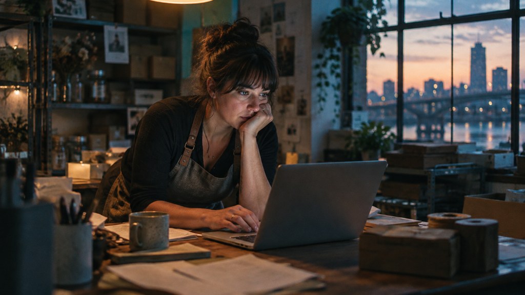 A small-business owner in an apron leaning over a laptop on a cluttered back-office desk late in the day, photographed in Richmond