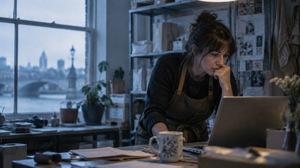 A small-business owner in an apron leaning over a laptop on a cluttered back-office desk late in the day, photographed in Richmond