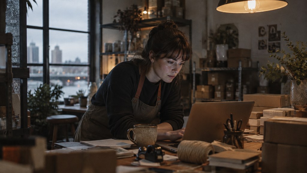 A small-business owner in an apron leaning over a laptop on a cluttered back-office desk late in the day, photographed in Richmond