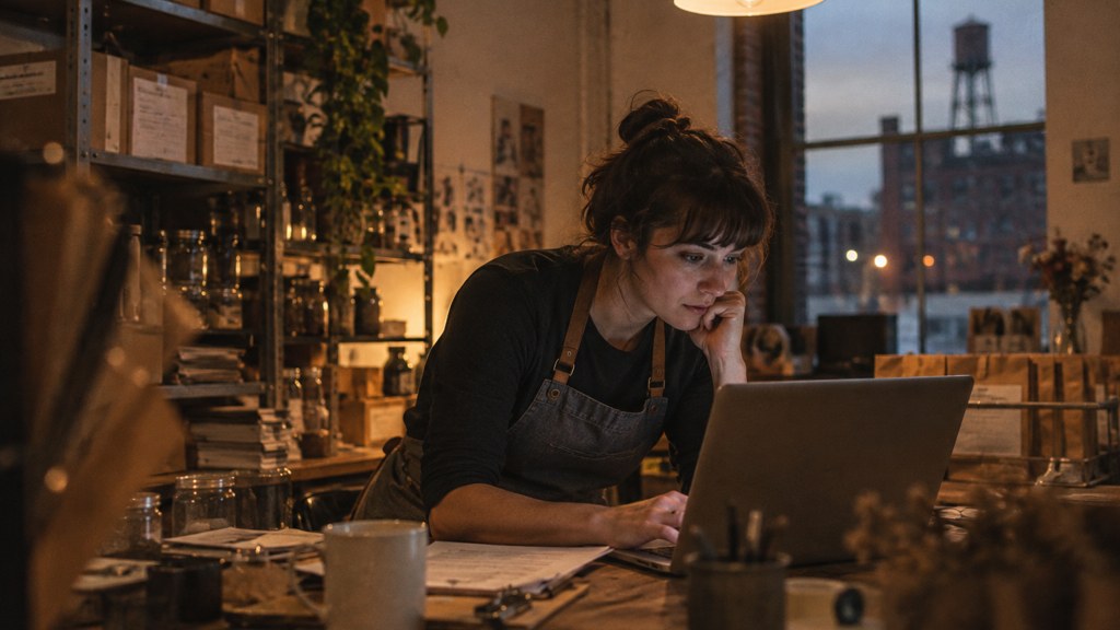 A small-business owner in an apron leaning over a laptop on a cluttered back-office desk late in the day, photographed in Richmond