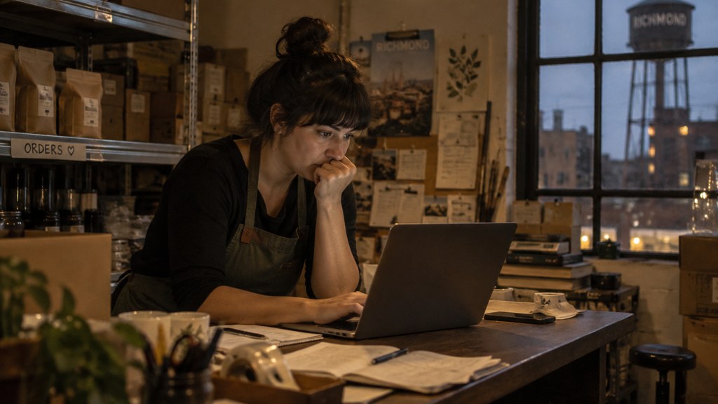 A small-business owner in an apron leaning over a laptop on a cluttered back-office desk late in the day, photographed in Richmond