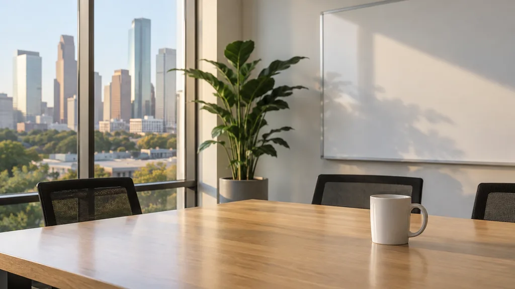 An empty workspace on a Houston office table of pale oak with a blank whiteboard and one closed folder in bright humid morning light