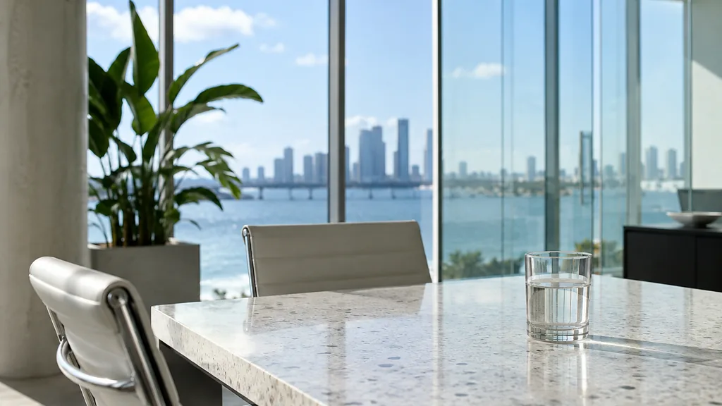 An empty workspace on a Miami office table of light ash with an empty glass wall and a plain water glass in bright coastal light