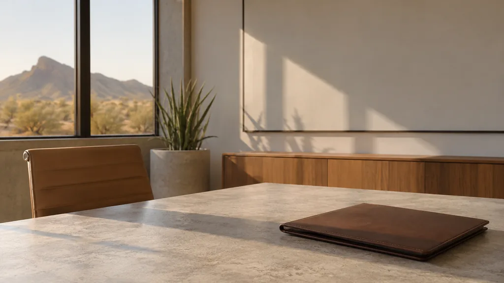 An empty workspace on a Phoenix office table of light wood with a blank planning wall and one closed notebook in hard desert light