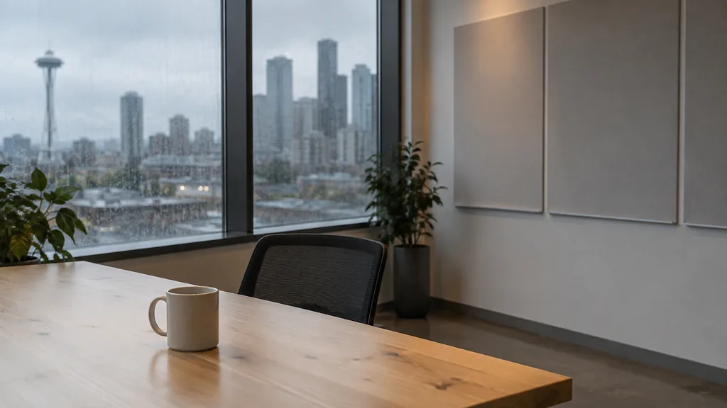 An empty workspace on a Seattle office table of pale fir with a blank pinboard and one closed folder in soft rainy-day light