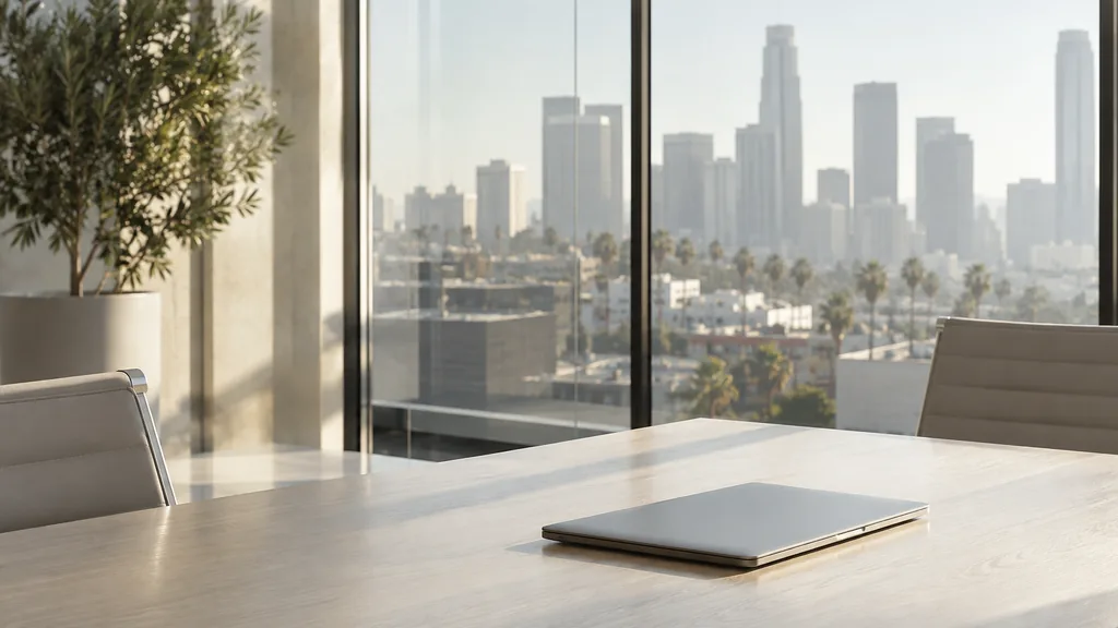 An empty workspace on a Los Angeles office table of bleached oak with an empty planning wall and one plain glass in dry golden light
