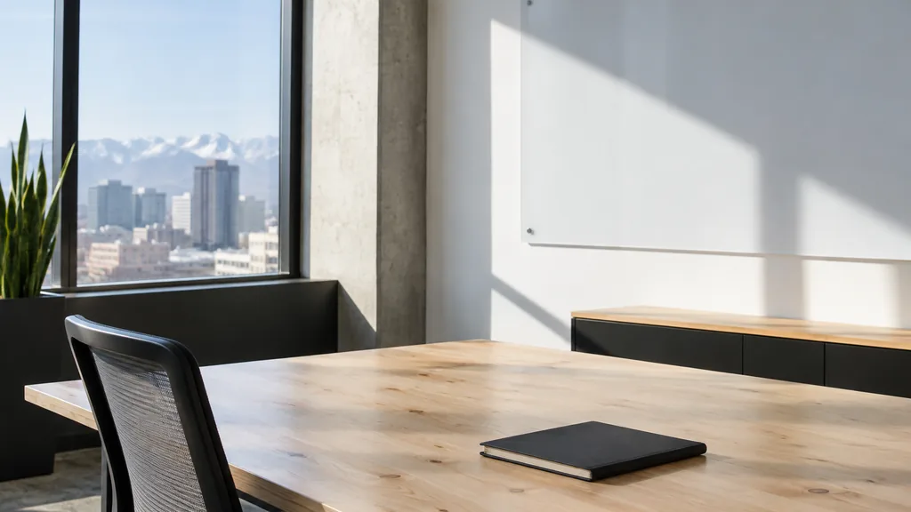 An empty workspace on a Denver office table of knotty pine with an empty pinboard and one plain mug in clear high-altitude light