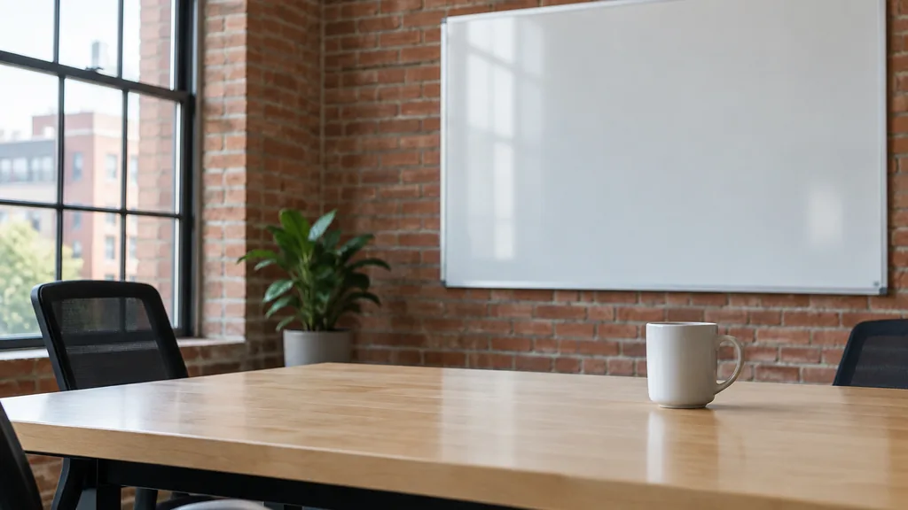 An empty workspace on a Boston brick-walled office table of maple with a blank pinboard and one plain mug in cool harbour light
