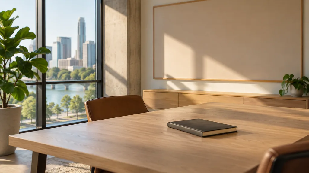An empty workspace on an Austin office table of pale oak with a blank whiteboard and one closed folder in warm late-afternoon light