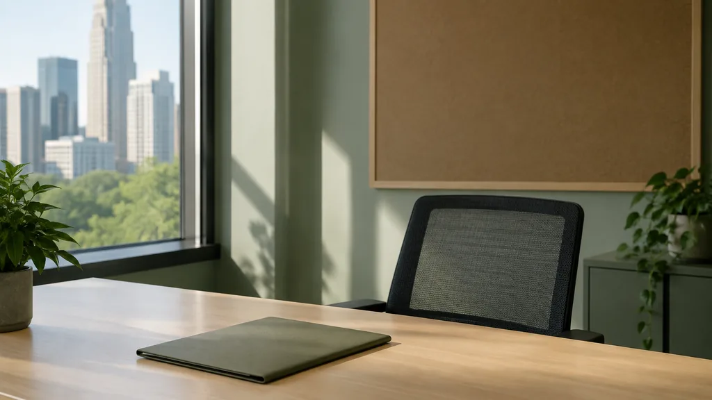 An empty workspace on a Charlotte office table of reclaimed wood with an empty pinboard and one plain mug in soft green-filtered light