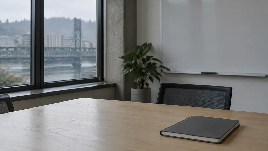 An empty workspace on a Portland office table of pale fir with a blank pinboard and one closed folder in soft rainy-day light