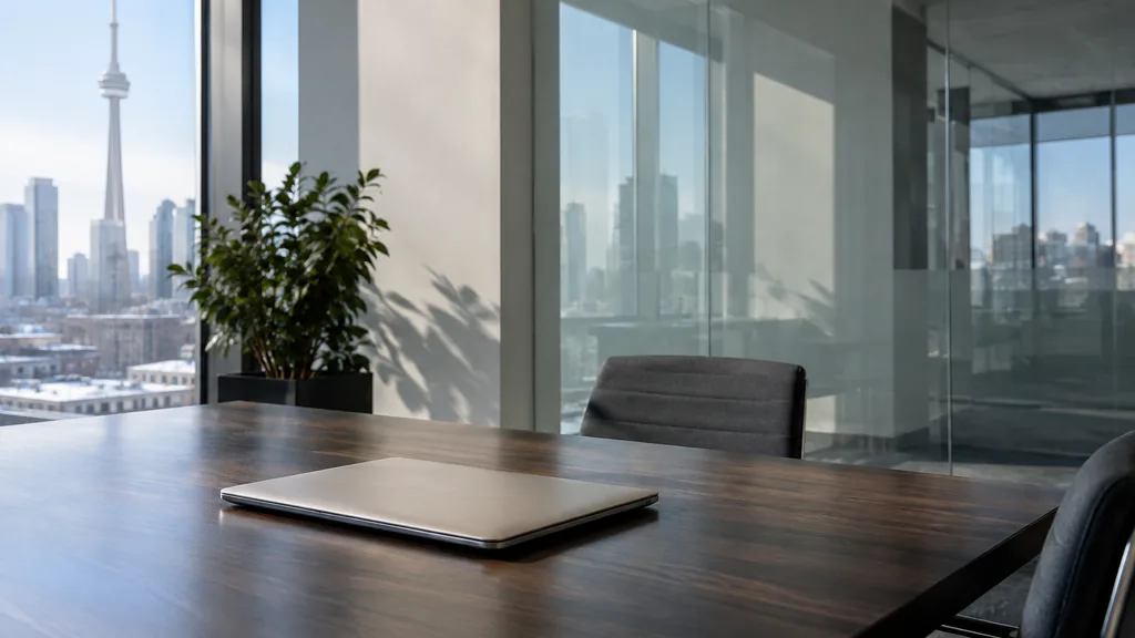 An empty workspace on a Toronto office table of knotty pine with an empty planning wall and one plain notebook in clear lakeside light